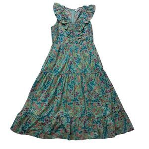 J. Crew Factory Dress Women's 2 Petite Green Midi V Neck Smocked Cottagecore